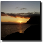 The sun is shining even at midnight on the Lofoten islands 